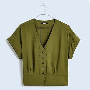NWT - Madewell BEST SELLER Pleated Short sleeve top in Desert Olive  Greenl